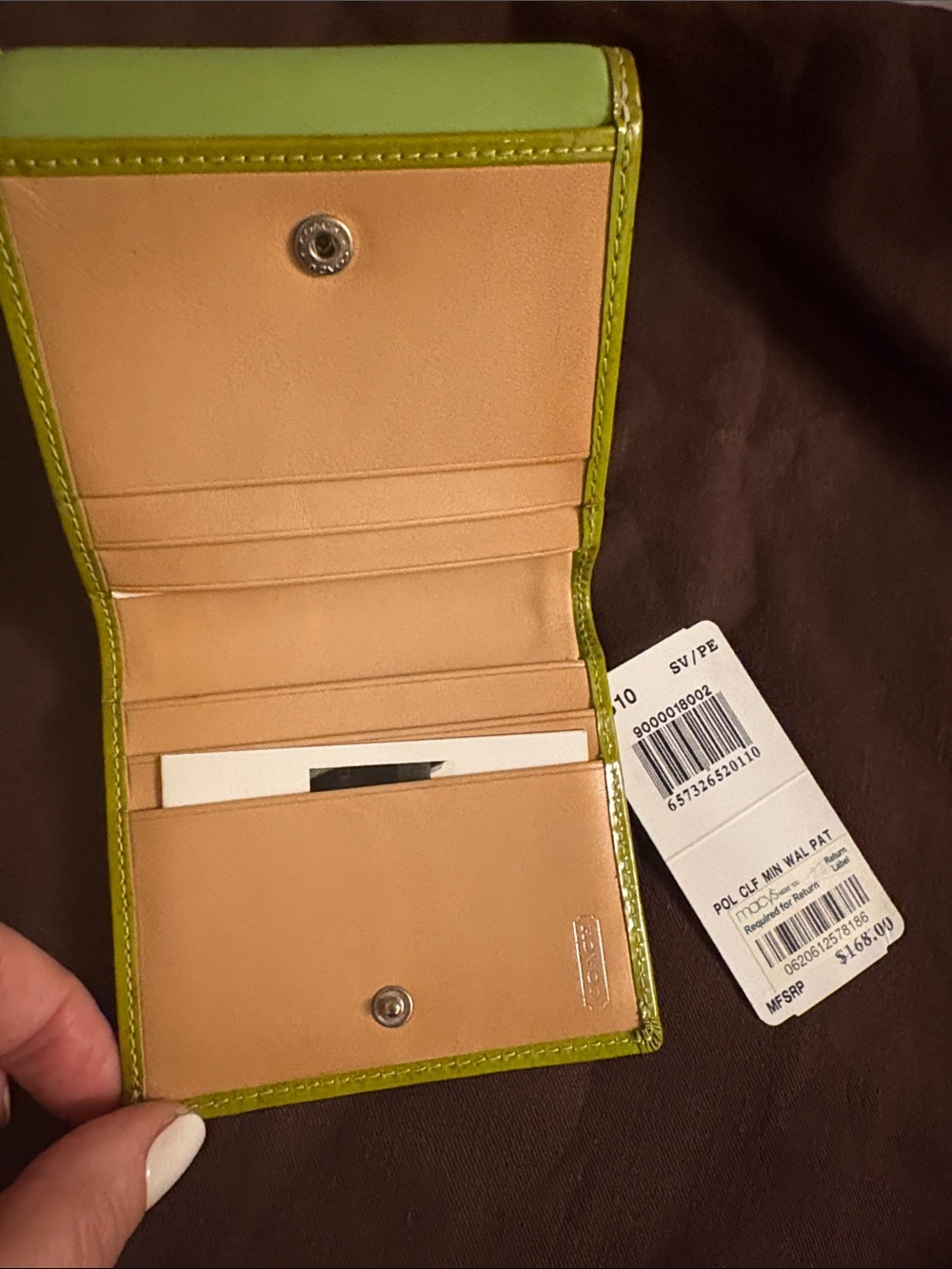 Coach Lime Green Trifold Wallet with Tan Interior
